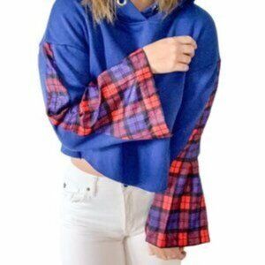 NWT New LF BSBW Oversized Cropped Hoodie Sweatshirt Plaid Sleeves Size XS